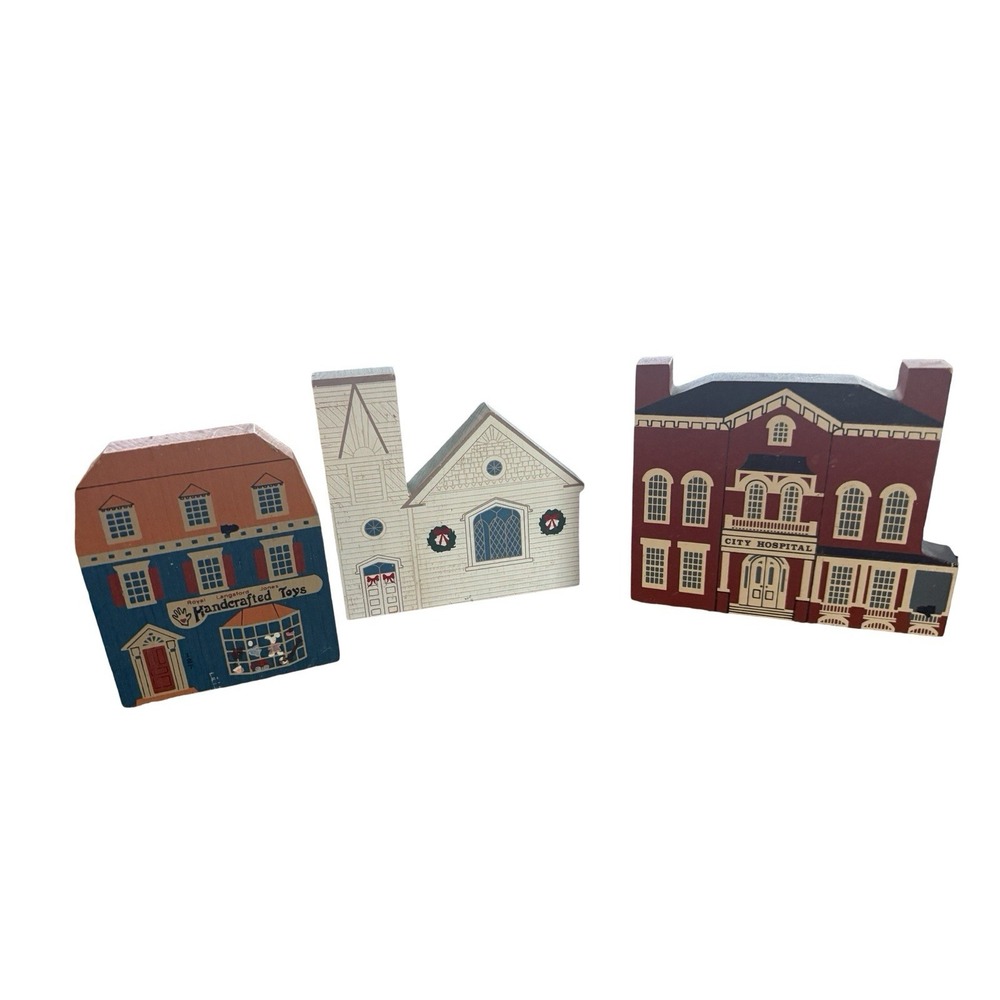 Lot of 3‎ Cat's Meow wooden houses Church toy store City hospital